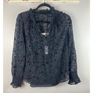 Loft Women's Top Sheer Gray Black Stars Print Long Sleeve v-neck Small